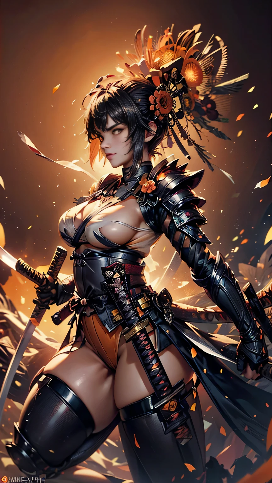 young woman,Oiran,(wielding a katana with great force on the battlefield:1.8), (very detailedな, realist,(seductive smile),(from front:1.8),(battle pose:1.6), Brilliant Appearance ,extremely detailed, Imaginative,sensual ,of the best quality, skin texture,(Short hair:1.6),(black hair:1.3),muscular,(huge breasts),(underboob),(yellow Samurai armor:1.6),(black cloak),(gypsy skirt),garter belt,black tights,absolute region with to,intricate details being spied on ,dynamic lighting,(orange background:1.6),(gerbera flower confetti:1.3),(flowering gerbera:1.3), RAW photos , 8k, masterpiece, of the best quality,ultra detail,very detailed, intricate details being spied on ,high definition,超intricate details being spied on,very detailed 8k cg wallpaper,