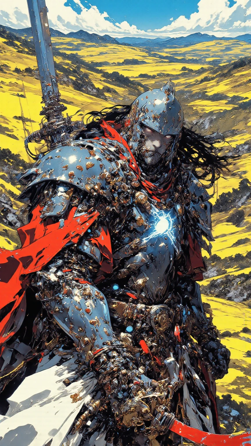 (masterpiece:1.2, best quality:1.2, extremely delicate:1.2), ((male:1.5)), a middle-aged man with long blue-black hair, thick eyebrows, sharp eyes, a wild smile, (a dense beard:1.2), (a huge scar down the middle of his face:1.2), a tall and robust build, ((luxurious golden high-collar chest armor without shoulder guards:1.3)), revealing his muscular abs, a short-sleeved undershirt, a metal belt, short skirt armor, canvas trousers, a cape flutters in the wind behind him, stands majestically on a desolate battlefield, this character embodies a finely crafted fantasy-style overlord in anime style, exquisite and mature manga art style, dramatic, high definition, highres, ultra-detailed, ultra-fine painting, professional, perfect body proportions, golden ratio, anatomically correct, symmetrical face, extremely detailed eyes and face, high quality eyes, creativity, RAW photo, UHD, 32k, Natural light, cinematic lighting, masterpiece-anatomy-perfect