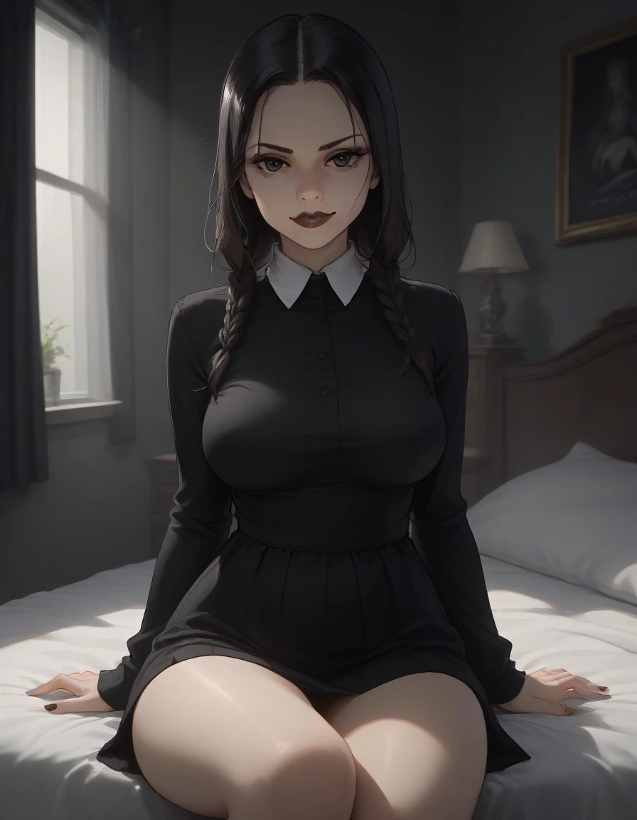 wednesday addams nude at the bed, on all fours showing her ass, perfect eyes, beautiful face