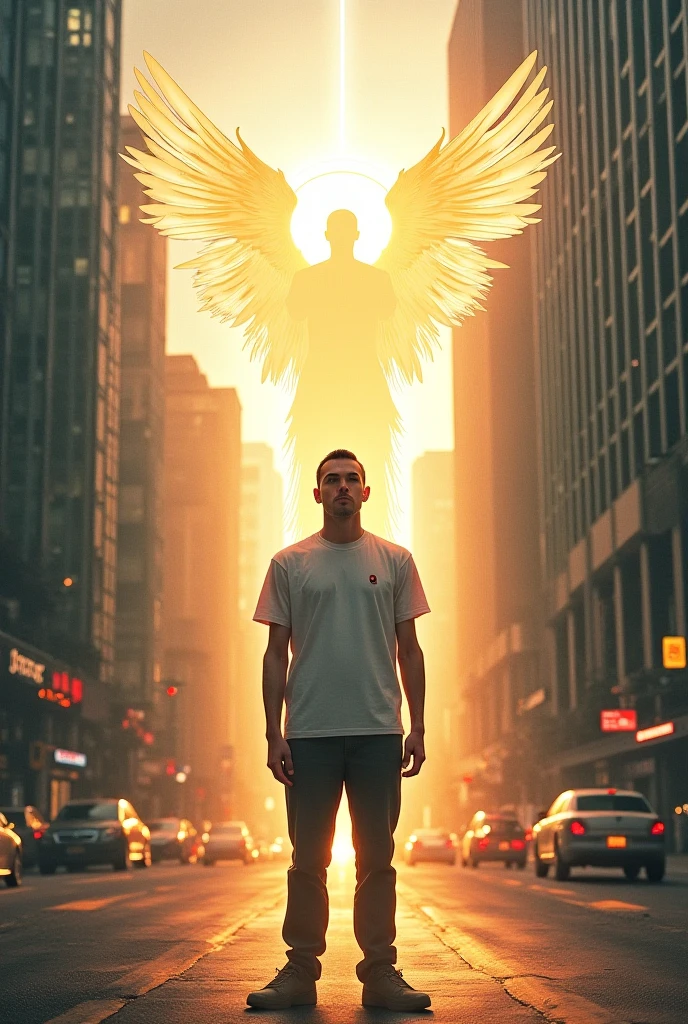 Un homme avec des ailes d oiseau vol dans le ciel de New York au levé du soleil