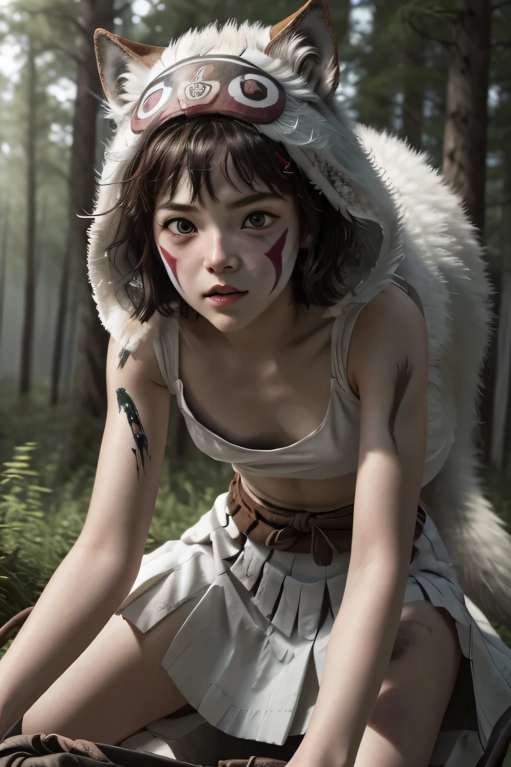 (Masterpiece), best quality, 8k wallpaper, Super detailed, beautiful,, highest quality, 1girl, dark short hair with bangs, small breasts, flat chest, beautiful face, with face paint, (XIV-years-old), wearing a thin white skirt, a white crop top (torn clothes), and wolf mask on her head (princess mononoke style), sitting on the back of a giant white wolf riding through the forest, , studio ghibli style mononoke,, princess mononoke, photorealistic style, short stature, perfect proportions, show full body,