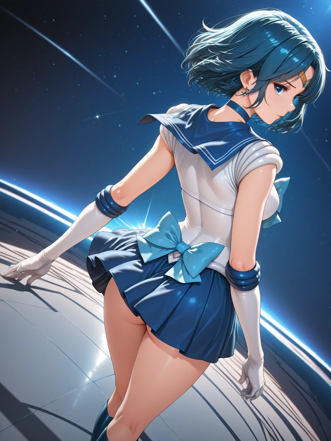 A japanese beautiful girl, sailor mercury, nice full body, short curvy hair, wearing real metal white-red suit like gundam, flying at stratosphere looking down to our blue earth. Full body angle, view from the back, the blue moon is far away in the background
