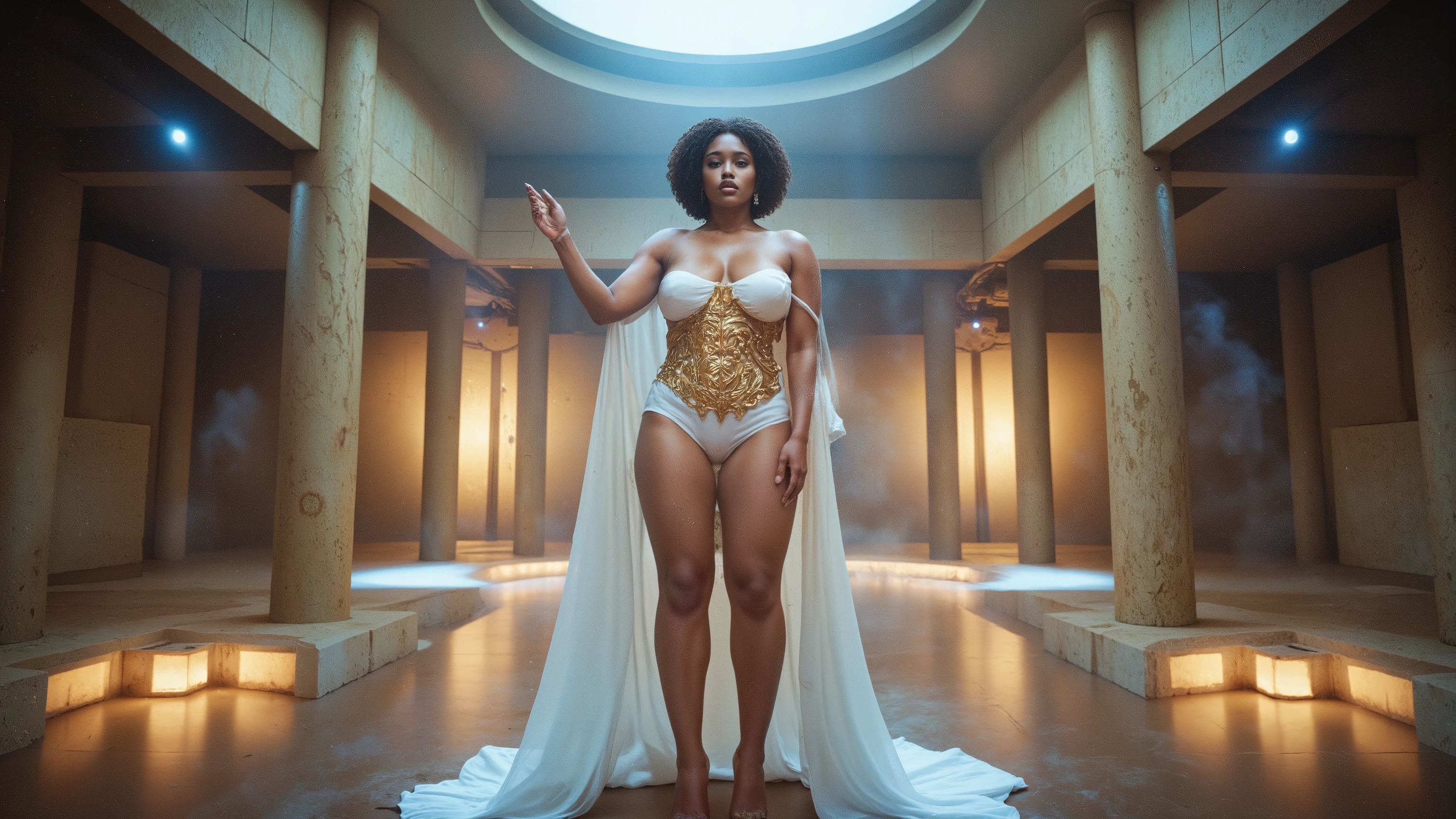 Photo of a woman draped in white ritual cloth with gold accents, perfect body, futuristic religious, religious setting, futuristic setting, ritual, interstellar, occult, ritualistic, analogue film, film grain, Kodachrome, intricate details, insanely detailed, natural lighting, ray tracing, 16k, UHD, HDR, photorealistic, cinematic, masterpiece, award winning, Fine art photography style, film photography style, surreal atmosphere