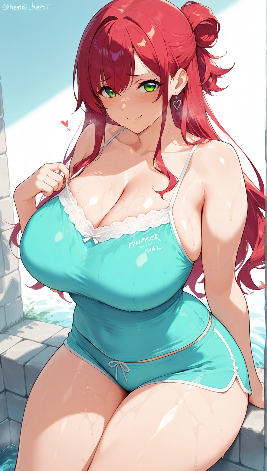 (masterpiece,derailed,8k HDR,hires,best quality:1.4),beautiful sea,on beach,cinematic lighting,face lighting,1girl,Yuuki Asuna,(Sword Art Online),good anatomy,better hands,cowboy shot,detailed skin,beautiful skin,wet and grossy skin,pink hair,very long hair,side braids,detailed face,very very young,very very pretty face,detailed eyes,(green eyes),sparkring eyes,droopy eyes,double eyelids,(eye bags:1.3),detailed nose,(happy:1.3),(half-open eyes),white sleeveless resort dress,straw hat,large breast,cleavage,arm up,hand on hip,