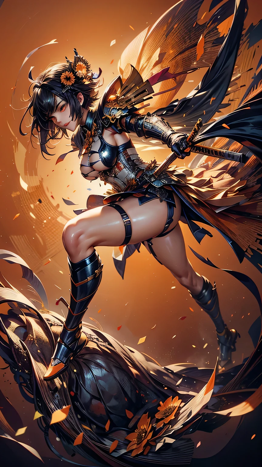 young woman,Oiran,(wielding a huge_naginata, japanese weapon:1.3), very detailedな, realist,(seductive smile),(from front:1.8),(full body:1.6),(battle pose:1.6), Brilliant Appearance ,extremely detailed, Imaginative,sensual ,of the best quality, skin texture,(Short hair:1.6),(black hair:1.3),muscular,(huge breasts),(underboob),(yellow Samurai armor:1.6),(black cloak),(gypsy skirt),garter belt,black tights,absolute region with to,intricate details being spied on ,dynamic lighting,(orange background:1.6),(gerbera flower confetti:1.3),(flowering gerbera:1.3), RAW photos , 8k, masterpiece, of the best quality,ULTRA DETAIL,very detailed, intricate details being spied on ,high definition,超intricate details being spied on,very detailed 8k cg wallpaper,