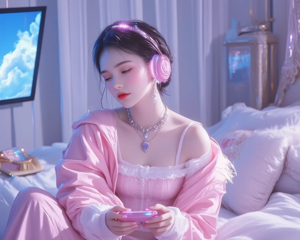 Lights out。Sleeping in bed。Sleeping with eyes closed。Beautiful young woman listening to music through headphones while lying down、Moonlight。Little Anime。Pink and light blue flowers are scattered throughout。Enchanting rooms。relax。Dark beautiful room。Woman with fair skin。pajamas。