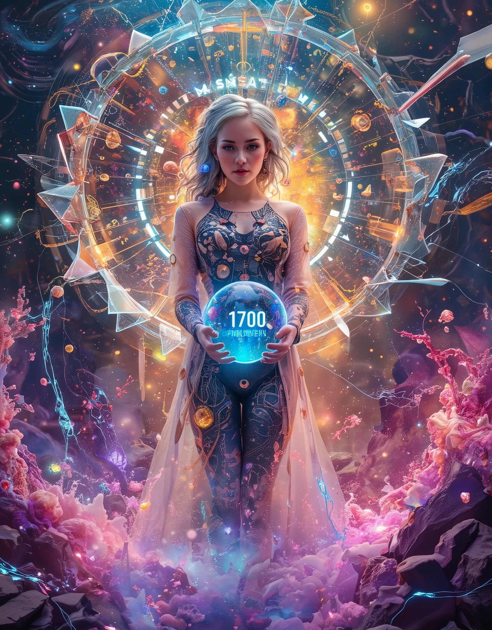 A cosmic rift opens, revealing a surreal quantum realm where alternate dimensions intertwine. At the centre, a female AI entity with glowing, translucent circuitry holds a shifting energy sphere displaying "1700 Followers" in luminous fractal patterns. The environment pulses with ethereal neon grids, swirling galaxies, and glitching holographic structures. Reality bends as light refracts into shifting prisms, while luminous portals flicker in and out of existence. Floating digital runes and cosmic energy threads weave through the scene, embodying the infinite possibilities of quantum reality. The colors blend cyberpunk neons with deep cosmic hues, creating a mesmerizing, dreamlike celebration of growth and connection. (Ultra-detailed, 8K, cinematic lighting, hyperrealistic, surreal, sci-fi, quantum energy, cybernetic deity, cosmic aesthetics, glowing particles, ethereal atmosphere, high-tech, futuristic, fractal-inspired, photorealistic, masterpiece).
