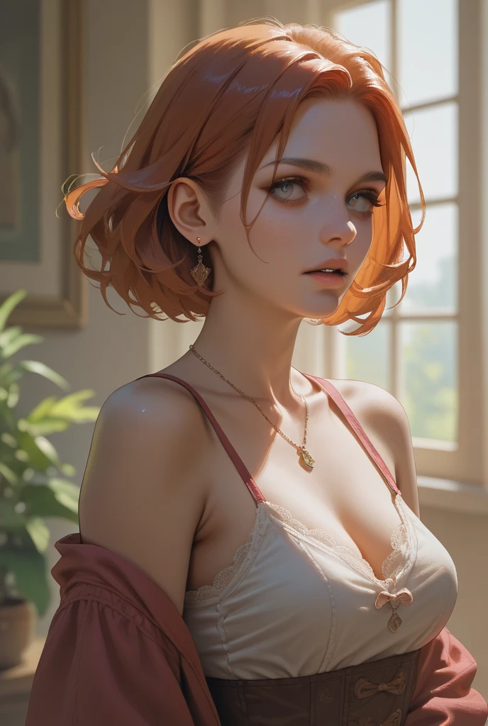 1 Irish woman, extremely beautiful and very legitimate redhead. Extremely slim, with freckles, big "bright honey yellow" eyes, wearing green sweater, bare shoulders, symmetrical body, fully corporeal, sensualizing, pouting with orgasmic expression, highly arousing, high quality 32k, UHD, hyper-realistic, cinematic , dynamic close-up above.
