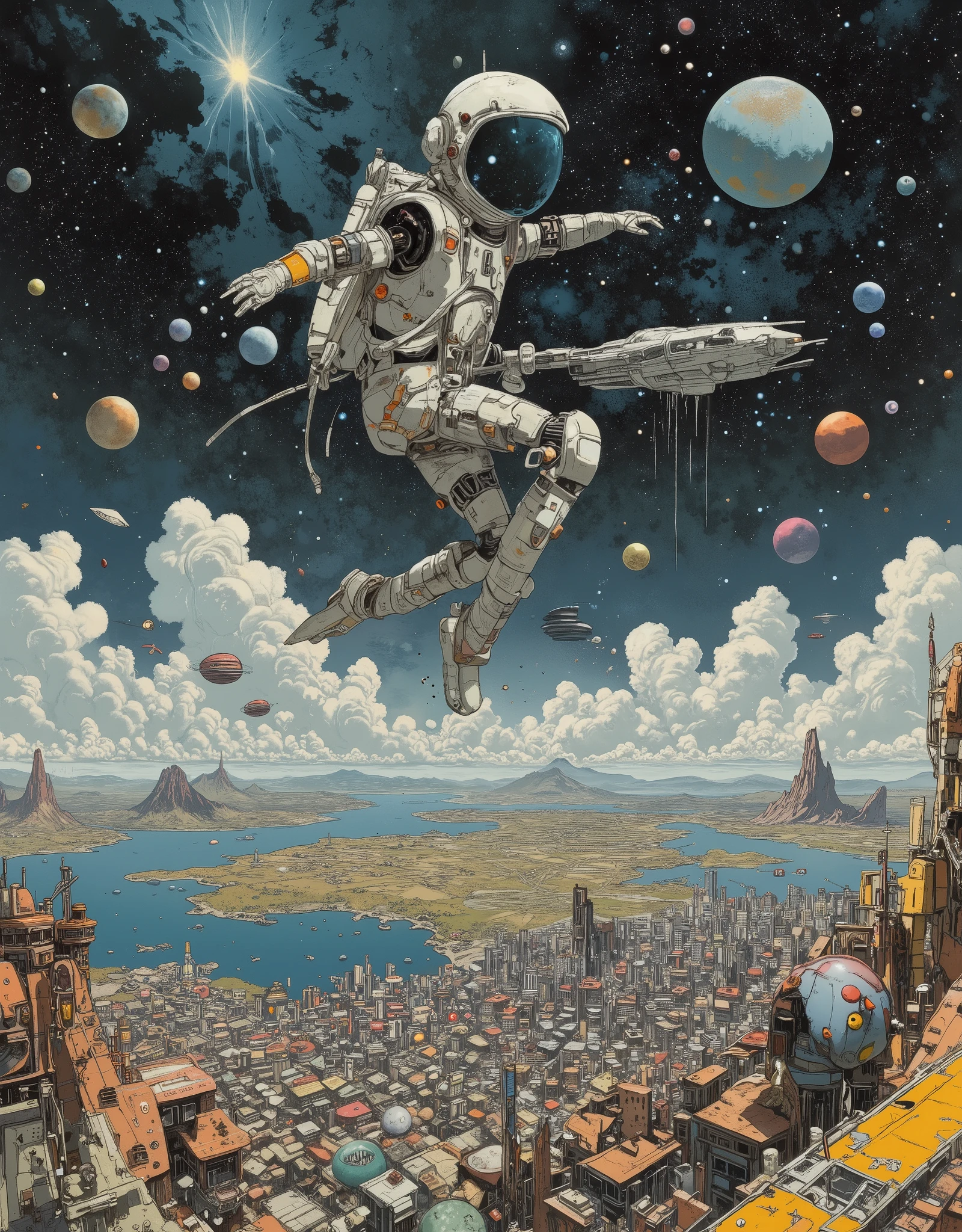 a cyborg astronaut in a shiny reflective case is flying over an extraterrestrial utopian colony with a large body of water, flying over an alien city with dense fantastic buildings, flying through the sky, aerial view,cosmic colors, Cosmic sky, planets and constellations, a luminous utopian fascinating city below, a masterpiece of extraterrestrial architecture, cyber-futurism, utopia, absurdity, Space, science fiction, sky-fi technology, semi-realism, digital art, cover photo, top view,aerial perspective, high detail, 64k format