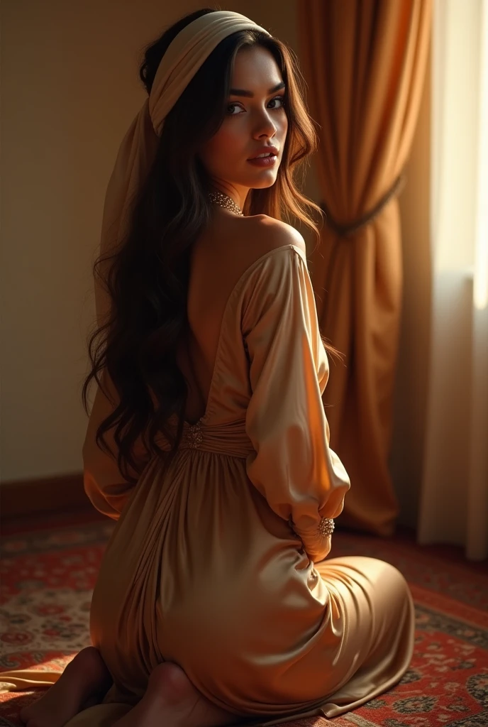 Four 12-year-old high school girls, very long hair like Rapunzel with gold tiaras,innocent face, linda, lovely,Sweet, covering her with a white veil up to her eyes,totally naked without clothes ,erect nipples,big breasts, thin waist, long and shapely legs, bracelets on the wrists, Arabic house room, arabic carpet on the floor,on all fours on top of the four-poster bed, arabic decoration,fleeces, candlesticks,dresser with mirror ,ultra detailed, 8k quality (showing buttocks and looking back) (views from behind)
