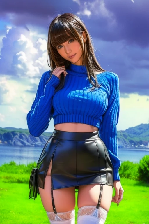 High image, Super Detail, High resolution, Anime, Manga, Illustration, Black Knee High Socks, thighs thighs thighs thighs, Flared Mini Skirt, Beautiful  woman, Amorous expression, Seductive look, Laugh mischievously, Happy, Shy, Red lips, Half mouthful, Sparkling blue eyes,  small breasts, under the boobs, perfectly proportions, slender, jenna coleman, upskirt