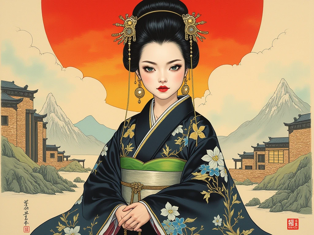 female necromancer in korean folk outfit ,vector graphics, strong contours, logo design