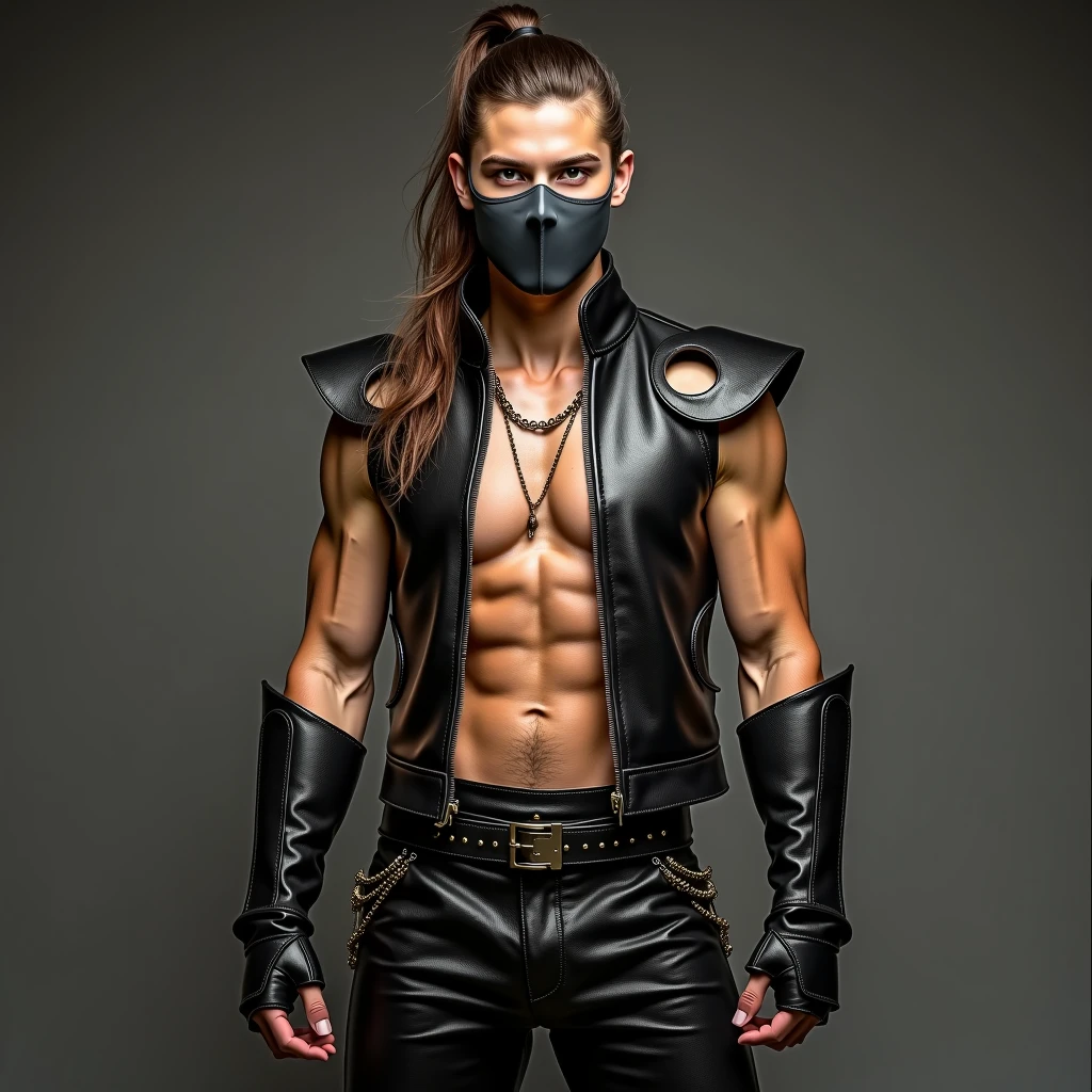 Karan singh grover with long hair, bulky, muscular , ripped, wearing black leather mask, black leather jacket, black leather pants, with huge dick bulge