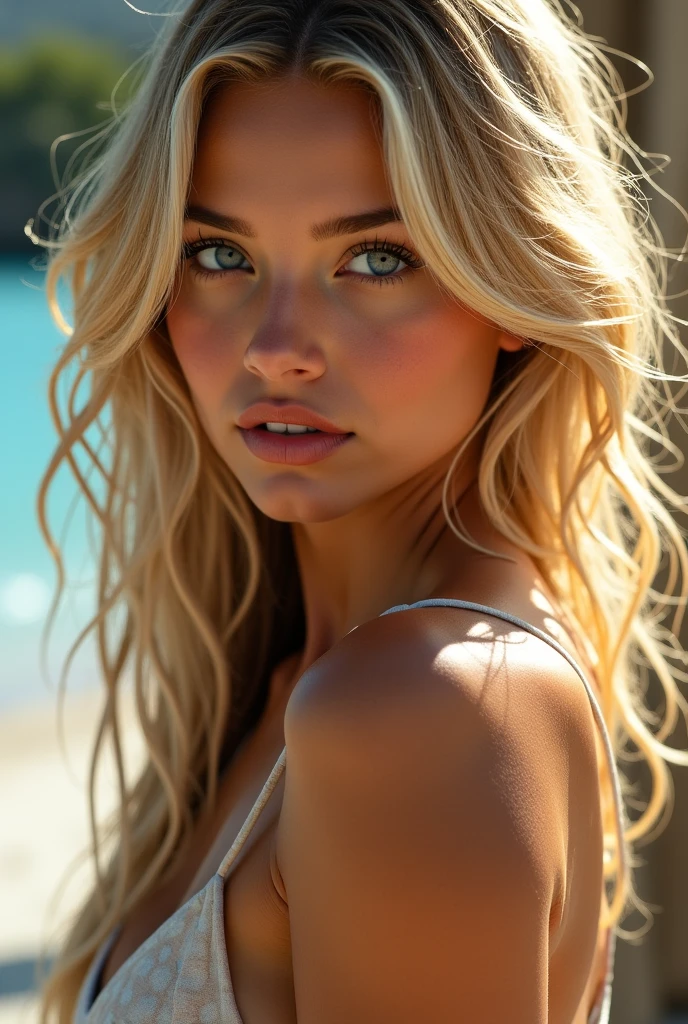 a beautiful girl on a beach, long flowing golden hair, blue eyes staring directly at the camera, wearing a blue swimsuit, ocean waves crashing in the background, golden hour lighting, photorealistic, highly detailed, 8k, (best quality,4k,8k,highres,masterpiece:1.2),ultra-detailed,(realistic,photorealistic,photo-realistic:1.37),HDR,UHD,studio lighting,ultra-fine painting,sharp focus,physically-based rendering,extreme detail description,professional,vivid colors,bokeh,portrait