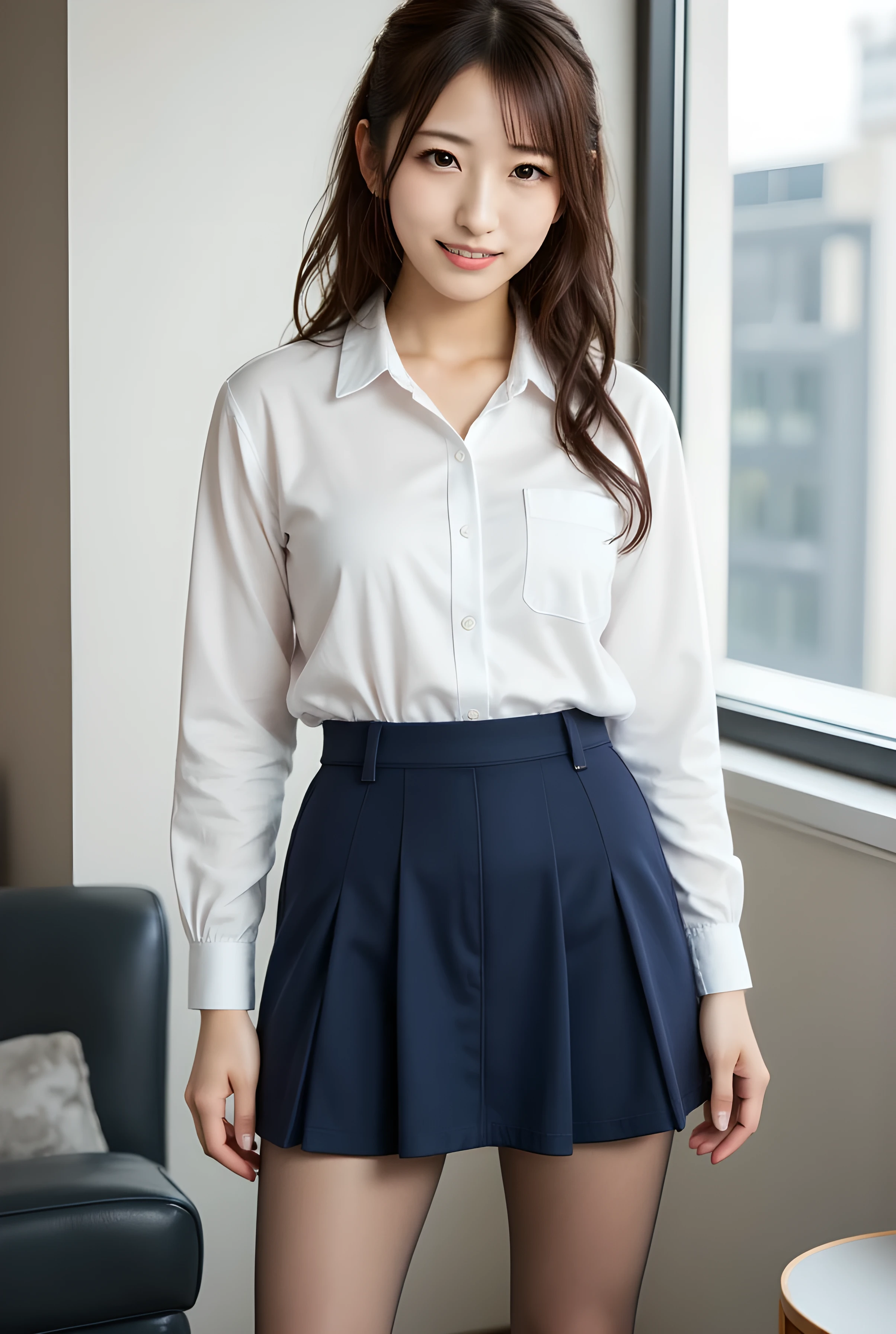 ((masterpiece,best image quality,photorealistic)), Cute Japanese Girls,1 person,(( white button shirt、Dark Blue Super Mini Tight Skirt、Skirt That's Too High Waist、 black panty house、High Heels))、 standing、(( full body view))、((( plump body like a loafer )))、 teeth、Standing with Legs Open。、attractive thighs photographed as a rod、Office view、Torn Breasts、long legs、Nioh Riichi