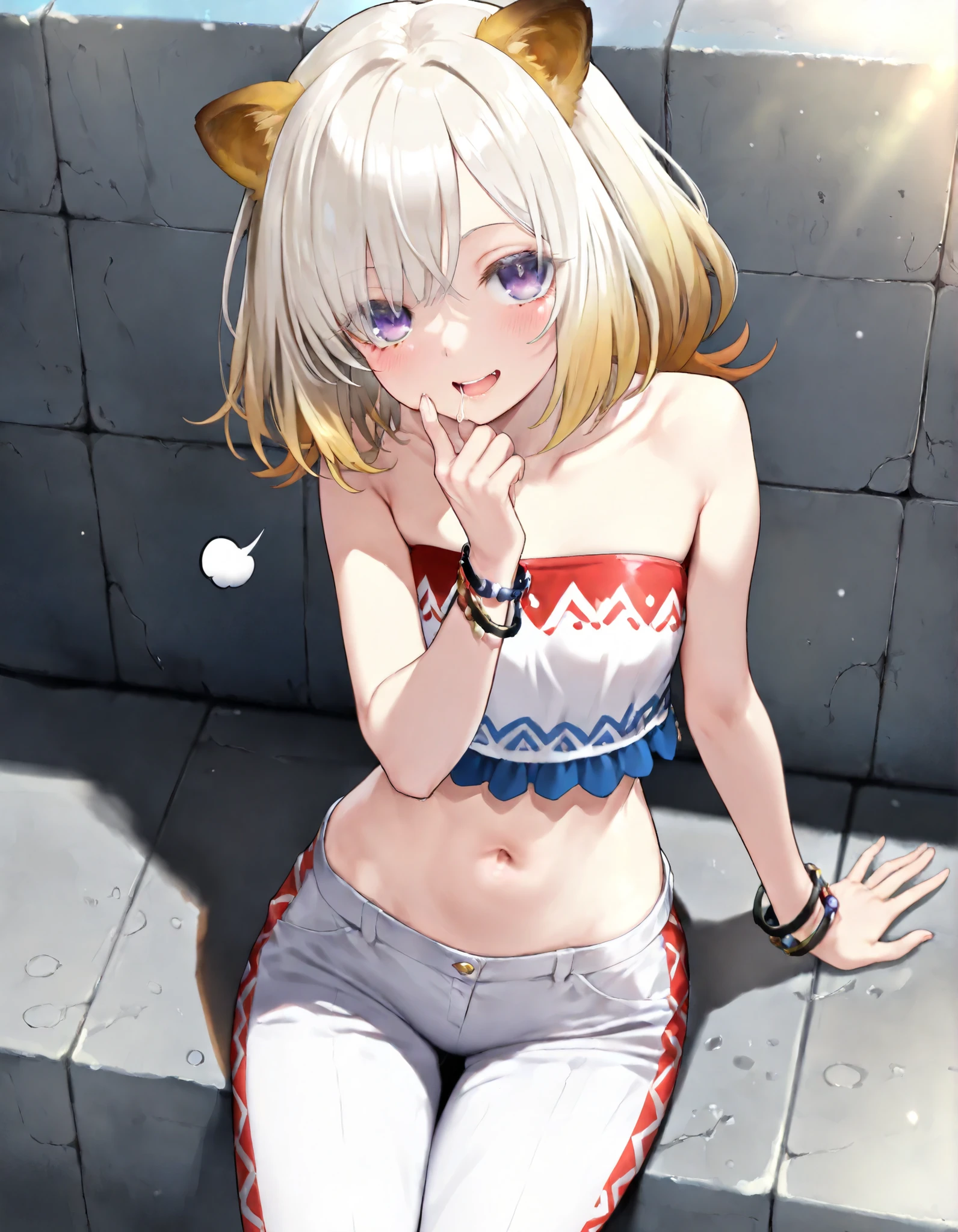 ((Masterpiece)), ((best quality)), (8K), ((cowboy shot)), (detailed background:1.3), (super detail:1.2),(High Definition:1.2), (Professional Photography:1.2), (very aesthetic:1.2), (absurdres:1.2), (sigh), ((1girl)), (cute young girl), (Healthy Gaunt body), Glossy hair, (Asymmetrical bangs, long side bangs), (platinum-gold hair, flipped hair, gradient hair), (open mouth wide), seductive smile, blush, (pale purple eyes, glitter eyes, gradient eyes, Beautiful eyes), big eyes, (put on lion ears), (cute cheeks), glossy lips, pouty lips, (lower eyelashes), BREAK, unconventional bracelets, (Embroidered Tribal tubetop, strapless, Embroidered Tribal harf pants), (cute navel, exposed Lower abdomen), Beautiful collarbone, (loose sitting on the concrete block, finger in own mouth), against the Colorful pastel wall, Colorful ink melting,