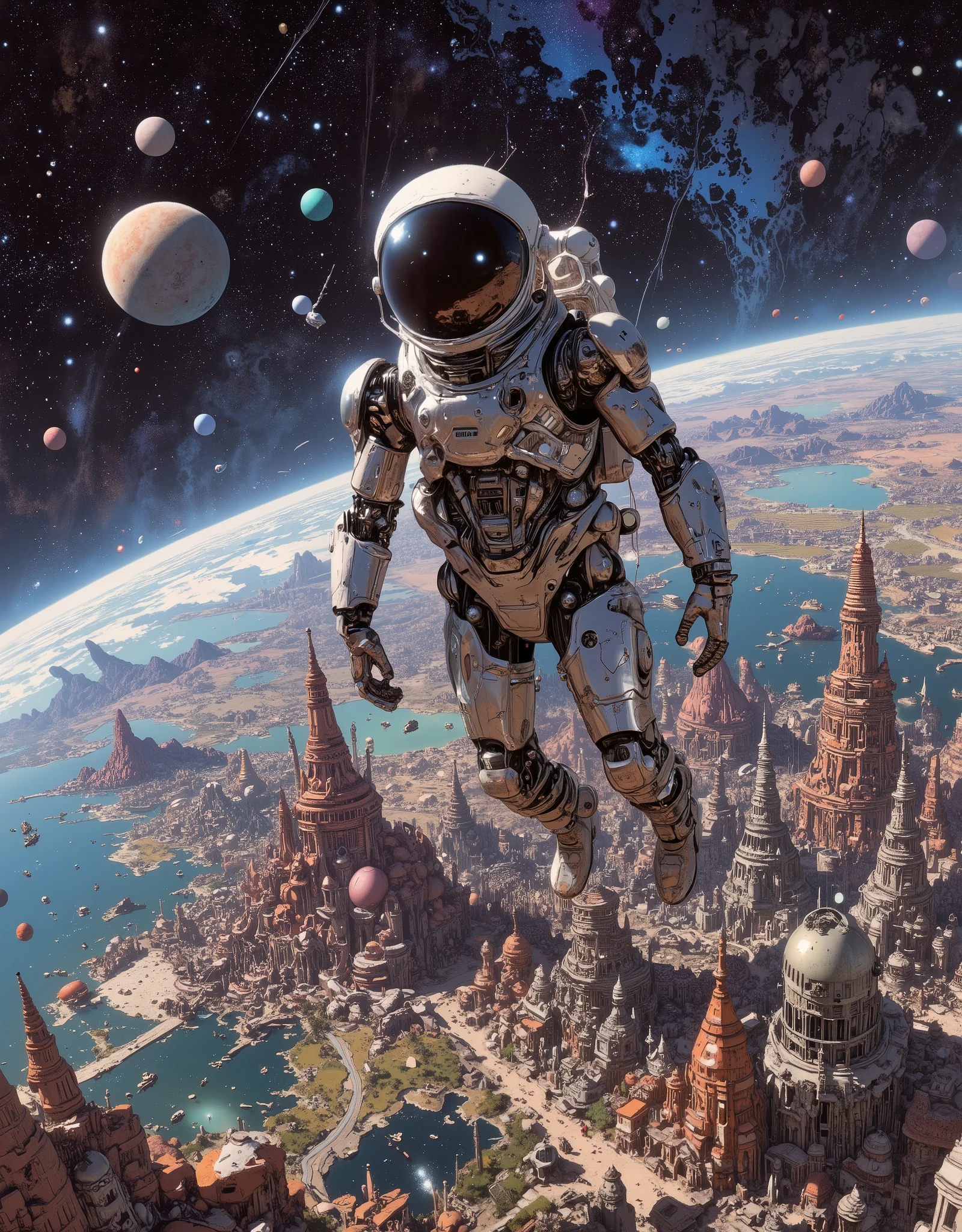 a cyborg astronaut in a shiny reflective case is flying flat over an extraterrestrial utopian colony with a large body of water, flying over an alien city with dense fantastic buildings, flying through the sky, aerial view,cosmic colors, Cosmic sky, planets and constellations, a luminous utopian fascinating city below, a masterpiece of extraterrestrial architecture, cyber-futurism, utopia, absurdity, Space, science fiction, sky-fi technology, semi-realism, digital art, cover photo, top view ,aerial perspective, high detail, 64k format