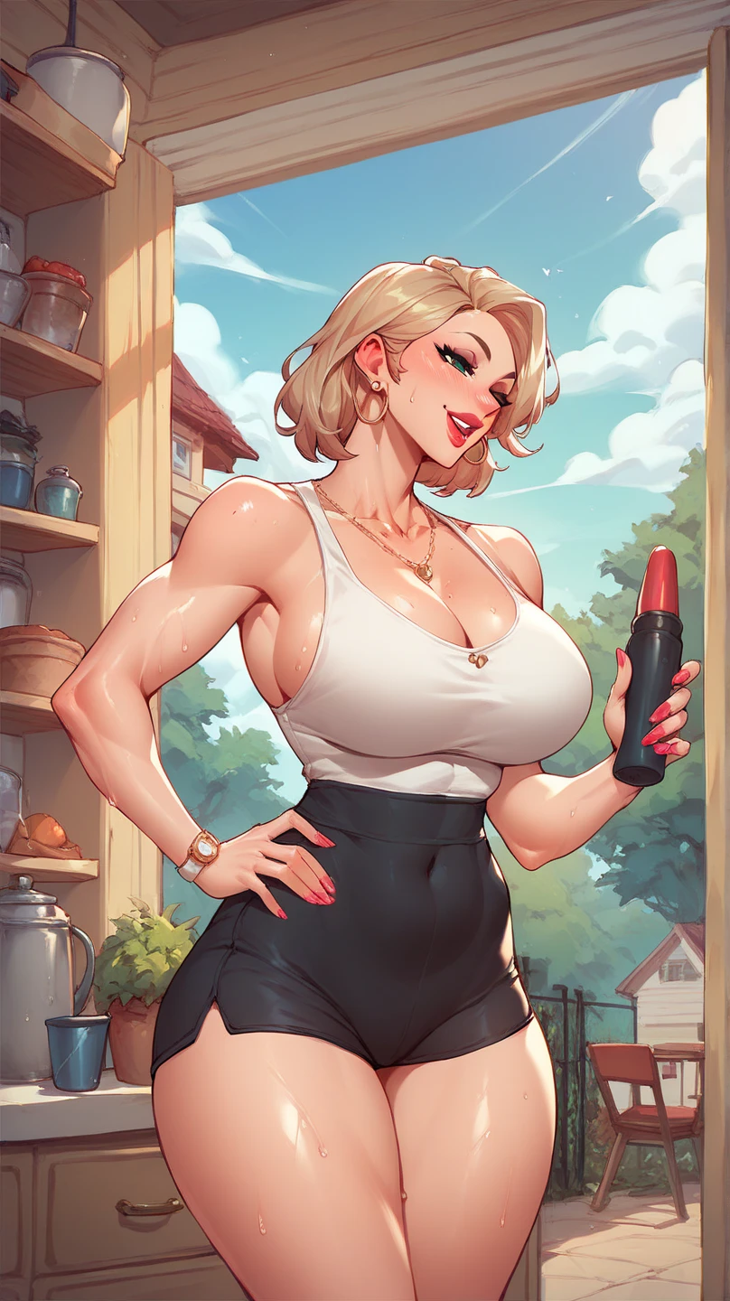 score_9, score_8_up, score_7_up, score_6_up, realism, (supermodel, hot, milf, topmodel), ((sitting on table)), (thong, cameltoe) , (white top, cleavage, covered nipples) (20cm high-heeled stiletto shoes) BREAK blonde hair, (bob haircut), ((perfect face, beautiful face)), beauty spot,  (athletic build), fair skin, kitchen background , BREAK score_9, score_8_up, score_7_up, score_6_up, source_cartoon, rating_explicit  zPDXLxxx