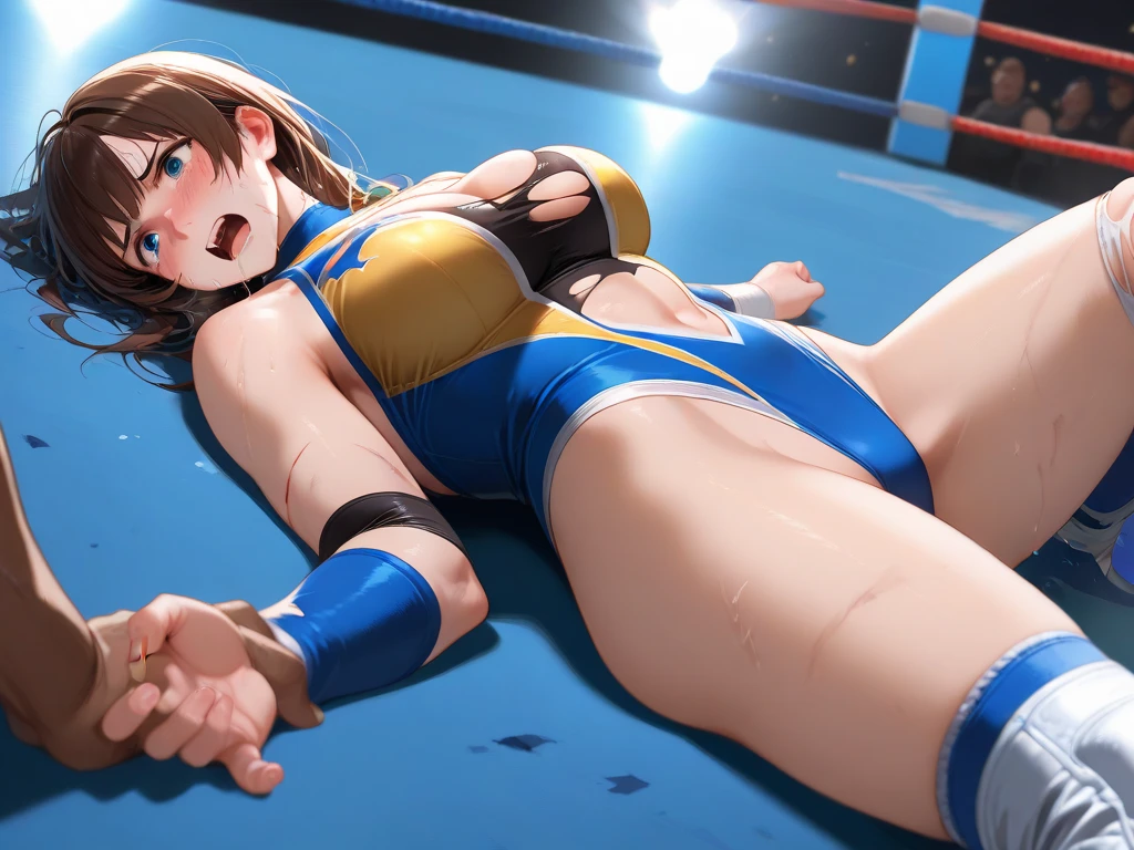 high quality,HD,16k,sharp lines,2 girl,Female freestyle wrestling athlete ,cute face, large , nice legs,At the freestyle wrestling venue,focus girl,detailed beautiful face,detailed clothes,beautiful eyes,cool,dynamic angle,pinning each other on the ground in a close and intense fight on a mat, showing their submission hold techniques with a lot of sweat on their body