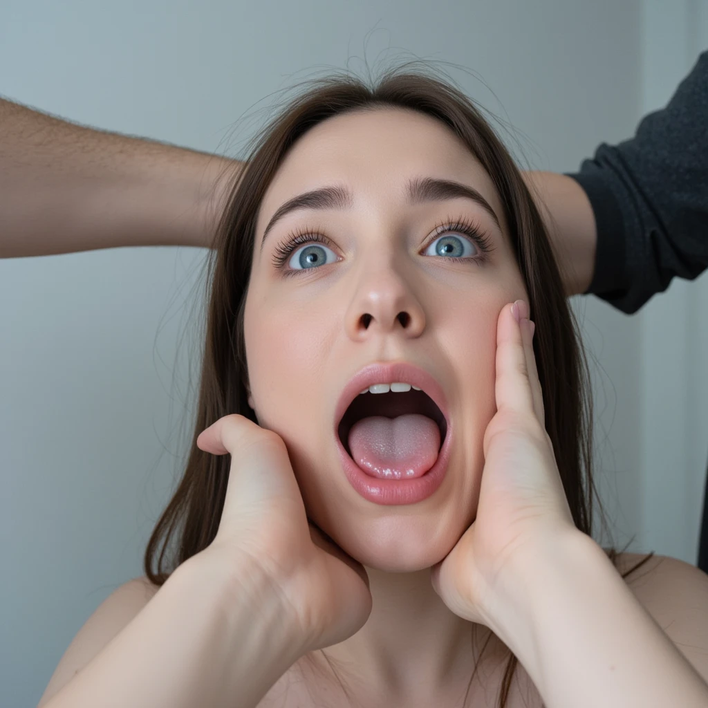 Elise , , nude, pov blowjob, from above, angry, , in her room, , deepthroat, dick deep in her mouth , tears, tired, exhaust, crying , unhappy , , head grab, hands on her head ,