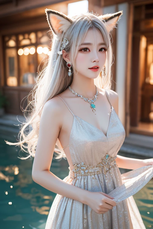 (heavy breasts)、top-quality、​masterpiece、超A high resolution、（Silver Dragon Armor）、(((Colossal tits))),dragon armor、(((large floral ornament on the head))),(((Detailed Micro Bikini))),(Wearing a beautiful crown made of jewels),(Photorealsitic:1.4)、Raw photo、女の子1人、(((Random hair))、(((Take different poses)))、glowy skin、(((White Chinese Dragon)))、Intricate and ornate hair ornaments、（Gorgeous Jewelry Necklaces）、（Mystical expression）、（Full Body Angle）、（Fight big dragons）、（Metal bikini）、((beautiful lake background)),(beautiful forest background)、Precipitous cliffs、(Castle background)、((super realistic details))、portlate、globalillumination、（sexypose）、Shadow、octan render、8K、ultrasharp、Colossal tits、Raw skin is exposed in cleavage、metals、Details of complex ornaments、Japan details、highly intricate detail、Blue eyes、radiant eyes、Facing the camera、Toostock、（Full Body Angle）、（veils）、(((Heavy Big))),((she is wearing a beautiful jeweled bangle.)),