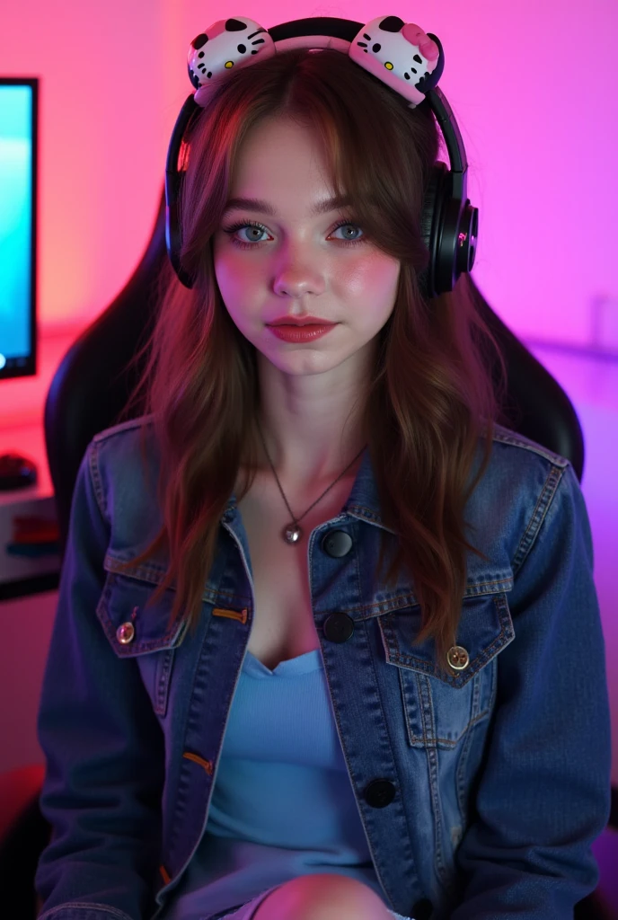 H4nn4hSt3in, a beauty, (wearing a blank t-shirt and jeans, sitting on a gaming chair, gaming monitor on a desk, gaming computer, with a gaming headset, bright multicolor colors, RGB colors on the computer:1.2), cell shaded, dynamic lighting, portrait, unreal engine, global illumination, detailed and intricate environment, intricate painting, captivating, extraordinary, Phenomenal, Remarkable, Aesthetic, Artistic, Enchanting, Sophisticated, Beautiful, Gorgeous, Exquisite, Breathtaking, extremely realistic, sharp focus, back lighting, intense shadows, beautiful extremely detailed eyes, eyelashes, extremely delicate, beautiful girl, wavy hair, extremely detailed eyes, Radiant, luminous, lustrous skin, shiny skin, damp skin, cinematic lighting mask, ray tracing, depth of field, dynamic angle, looking at viewer, shooting, detail, face, eyes, nose, lips, eyebrows, realistic skin texture, extremely detailed, realistic eye texture, extremely detailed, realistic texture, extremely detailed and realistic clothes, symmetry, unparalleled radiance, unparalleled grace, centered, focus, approaching perfection, 60-30-10 color rule. highly detailed, in frame, emphasizing clear reflective eyes <lora:more_details:1.0>