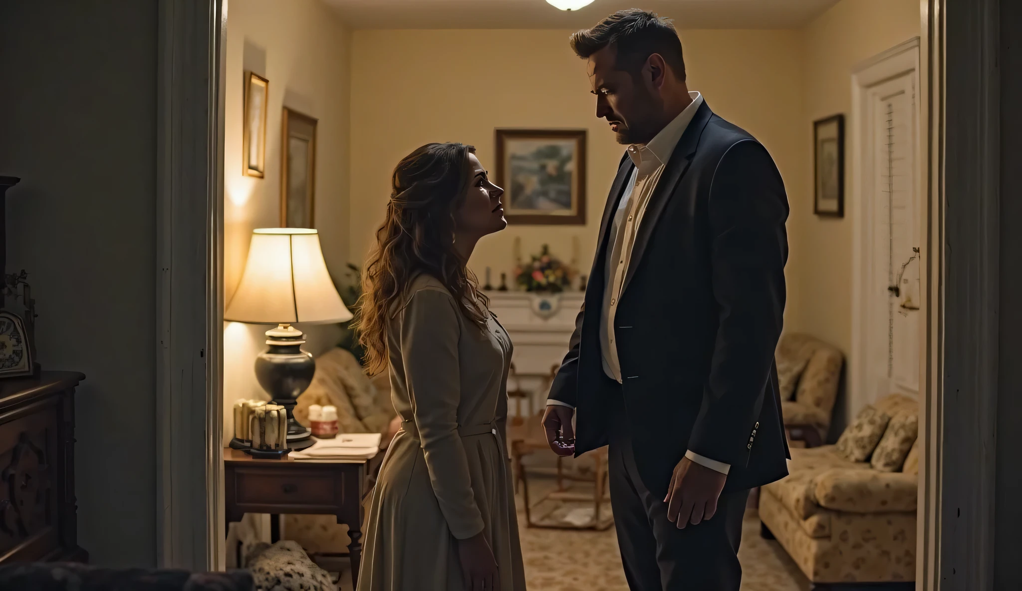 Gary Thomas and Angela embracing, after the exorcism is successful, in her apartment in 2005. El estilo es hiperrealista, fotorrealista, cinematography, Hermoso UHD
