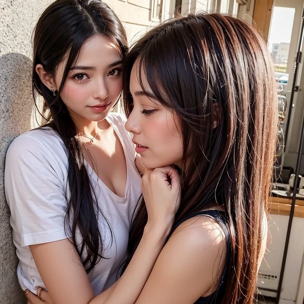 Sexy and hot identical twin sisters, Long Hair、kiss