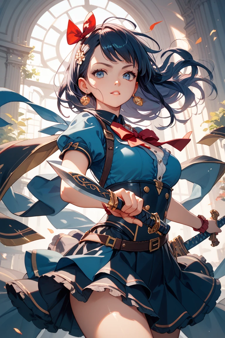 (((round face))), chibi style, showing off her panties, holding her crotch and chest from over clothes with her hand, earrings, thigh-high, butt, eccentric pose, female general, having sword