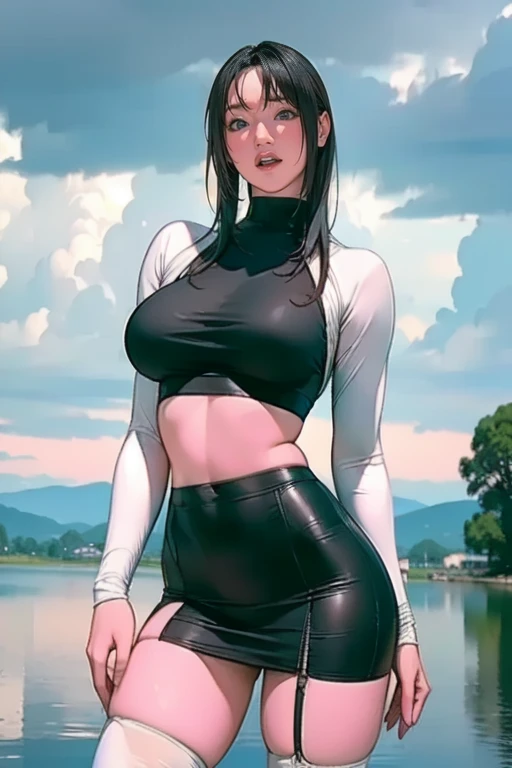 Black hair, black eyes,(high quality eyes),masterpiece, best quality, high quality, highres, outdoors, looking at viewer, Jenny, tall female,big breasts, butterfly long earrings ,long earrings , off shoulder tight latex top,latex pants, underwear string,tall women, muscular body