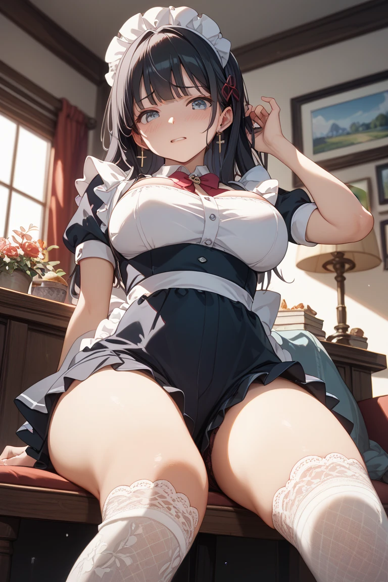 A wonderful masterpiece、very delicate、One Girl、Underwear only、Red Lingerie、Maid、Big ample breasts、On all fours、In close range、Proximity、Kamimei、Look up at me、blush、Embarrassing、Troubled face、Open your mouth a little、