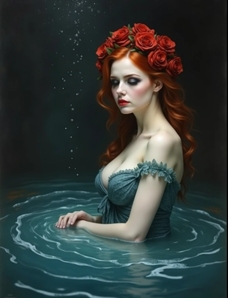 Erzbeth Bathory, the damned countess, beautiful and sensual, completely naked, with completely white and pale skin, pink eyes, with very long and wavy red hair, immersing herself in a golden tub full of blood in a gallery with gold statues, painted by Sandro Botticelli.