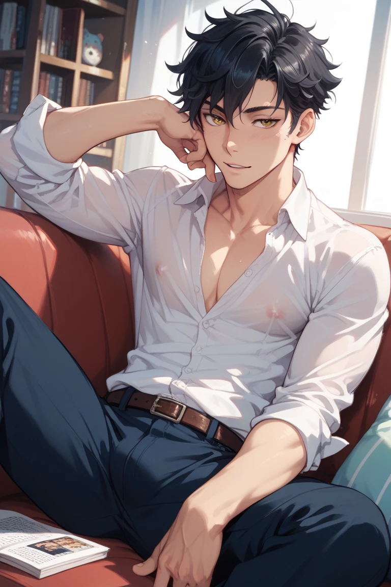 (masutepiece, Digital Art, Digital Illustration, 4K, 8K, Ultra-detailed, beautiful image, Sharp Image, Photorealistic, Raw photo, Perfect face, Perfect lines, Perfect eyes, Soft lighting) 1 male human, (A dark-haired,hair between eye,hair messy,Medium Hair,deadpan,Lowered eyebrows,Parallel eyebrows,Narrow-eyed,drooing eyes,Calm face,Beauty,kindly smile,ember,28 years old:1.3),Handsome men, (ember,Man in a simple white t-shirt,Loose-fitting round neck shirt,Thin macho,Firm shoulder width,Adult male:1.2),Sunny Park,Benches,sit on a bench,Loose-fitting skinny denim,Oversized hoodies,atlibrary,Holding a book,Sleepy face,Frantically opening your eyes,Troubled face,thick jaw,Goofy face,Open your legs,Wild Pose
