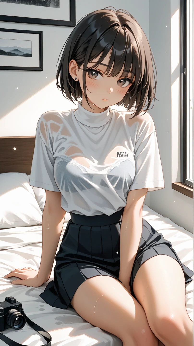 (highest resolution, distinct_image) The best quality, a woman, masterpiece, highly detailed, semi realistic, 21 years old, cute, young, beautiful, naked oversized t-shirt, shirt tug, collar on neck, indoors, modern bedroom, window, waking up, morning, blushing