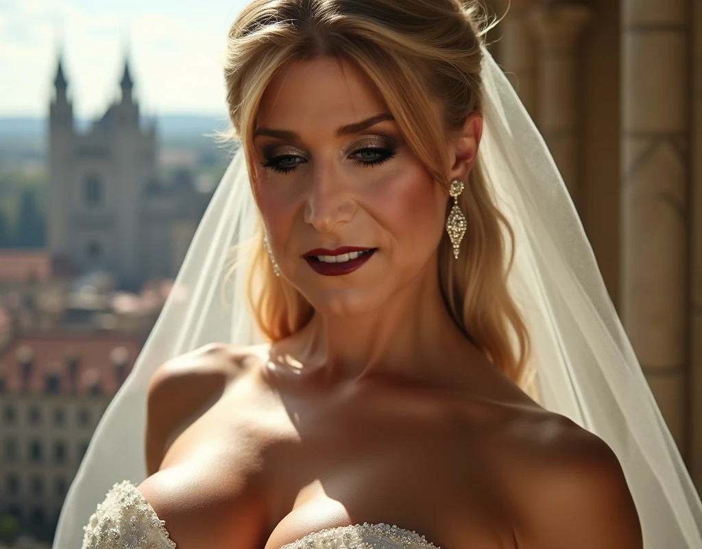 woman looking down (very muscular large breasts)(close up of a beautiful blonde bride lower angle )hyperrealistic art cinematic film still lower angle photography in the style of detailed hyperrealism photoshoot . () Extremely high-resolution details, photographic, realism pushed to extreme, fine texture, incredibly, ((wide romantic smile big lips with lipstick)) (large massive breasts_cleveage:1.6)) (toned muscle shoulders_biceps:1.3) necklace
