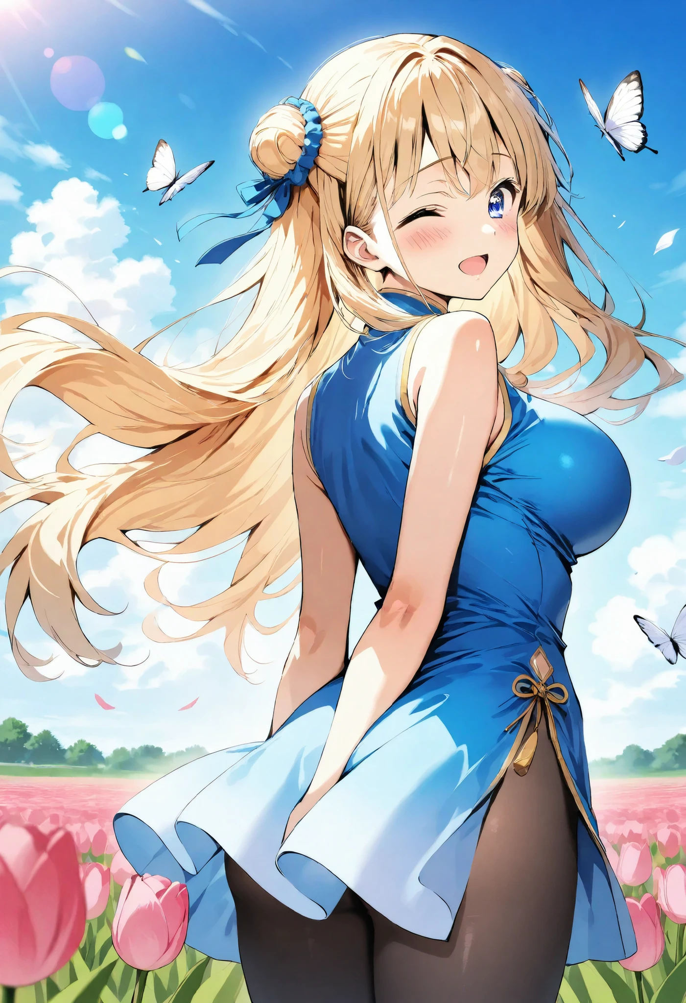 nsfw, (Best Quality), Primary school students、a girl, (lovely), (Masterpiece), score_9,score_8_up,score_7_up,score_6_up,source_anime, solo, {beautiful pink qipao dress} , black tights, blonde Hair, Twintales hairstyle, {beautiful detailed shiny cool sapphire eyes: 1.2}, Booty pose, looking back, arm behind back , from behind, ((large breasts)), detailed background, in the various colors tulip field, bokeh, lens flare, flying a white butterflies, in the wind, winking, smiles, ashamed, open mouth, Winking, Kyoto animation style illustration, watercolor tone, artwork