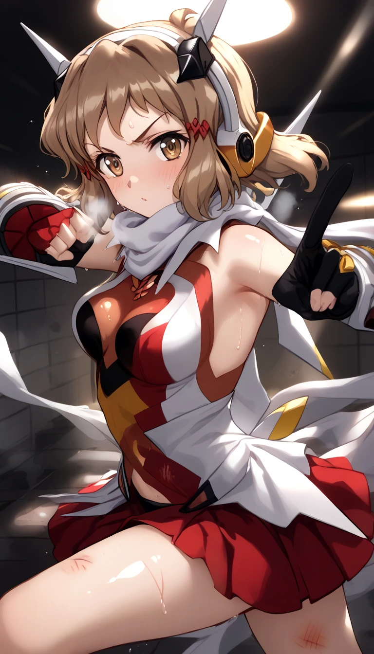 masterpiece, best quality, beautiful art, high resolution, well formed hands, body and fingers, 1 woman, solo, Jean Gunnhildr, grown up , adult, hair ribbon,big breasted, cleavage, full body, long hair, hair ornament gorgeous legs and thighs, cosplaying as Mai Shiranui , she is fighting in a combat match at a martial arts tournament, she is getting ready to fight, making her guard pose, action and fighting scene, about to hit the viewer, looking at the viewer, sweating , feeling confident and proud, smiling joyfully and happily, charming her opponent with her beauty, bouncing breasts, fighting scene, martial arts tournament on the beach