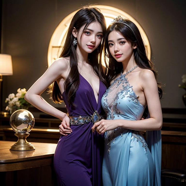 Smiling,Face focus,(alebrijes art style), Meteor shower in the starry sky, a couple of lesbians sitting together looking at the stars,lewd,leering:1.3,Masterpiece, Best quality, intricately details, absurderes,,(ulzzang-6500-v1.1,pureeroface_v1,octane reer)