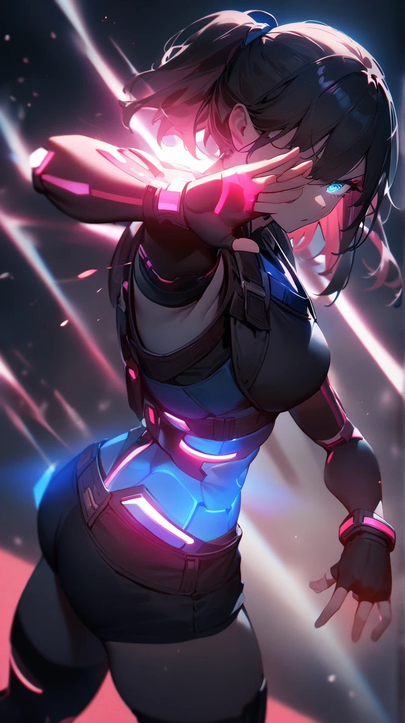 red haired woman,red hair,short bob,Braided hair,red eyes, (Ultra Girl :1.0), silver and red ultraman bodysuit,big breasts,Put your hands on your hips,fist,Turn your back to your audience,back view,butt