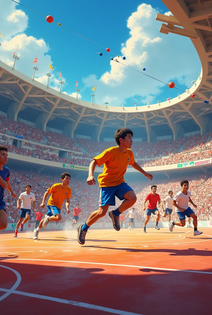 50 m running within three boys ,instructer waiting to stop them when they reach 50 m , mention 50 m written on lane , all this happening within stadium with audiance , upper view from cloud which that drone is capturing their image from sky upper view is important