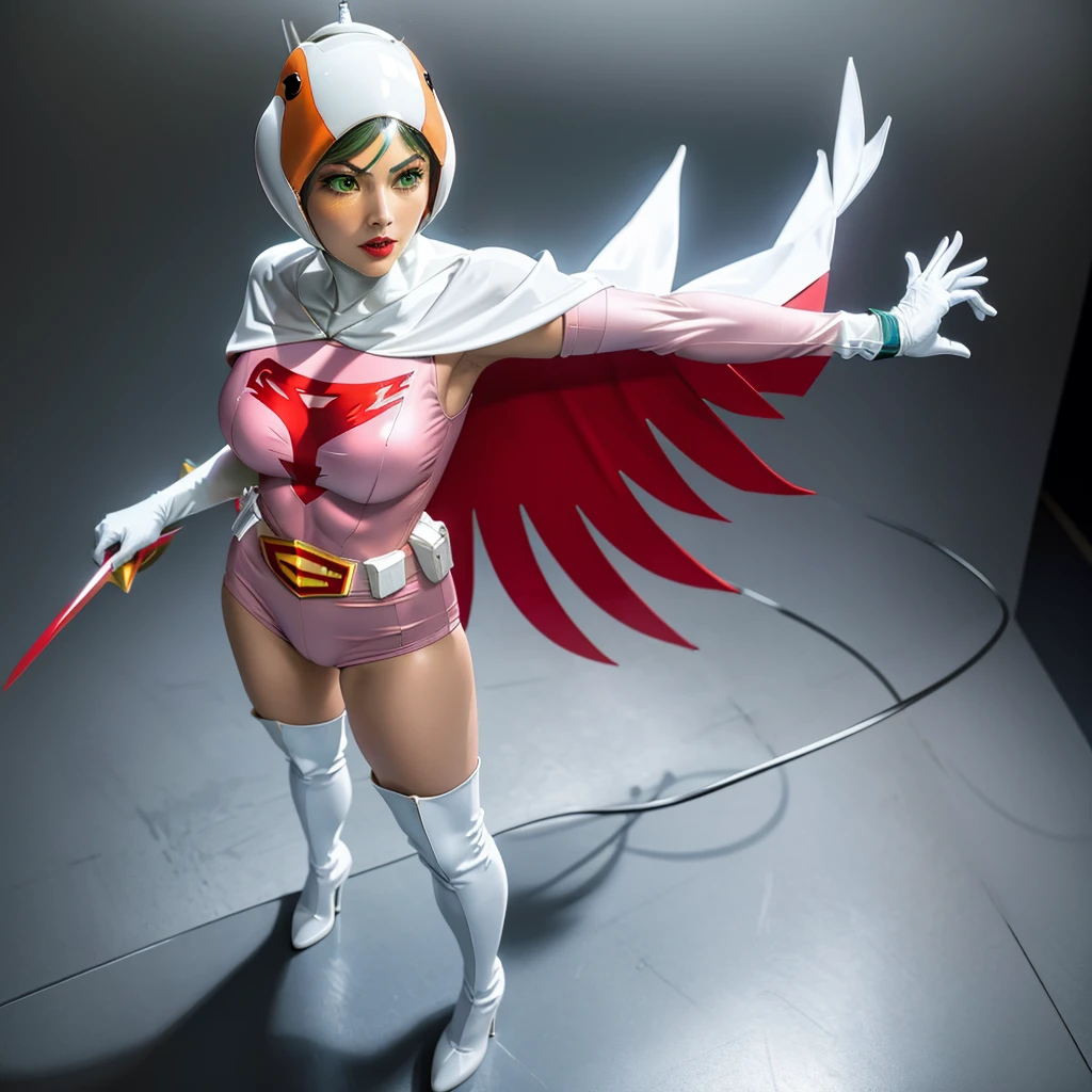 ANI_CLASSIC_jun_gatchaman_ownwaifu,1girl, 15 year old,good anatomy, masterpiece, best quality,realistic, hyperrealistic, 16k hdr,breasts,green eyes,lips,large breasts,lipstick,makeup,gloves,cape,helmet,belt,elbow gloves,white gloves,mask,ultra miniskirt,leotard,spacesuit,white tight overknee highheels boots,pink dress,superhero,bodysuit,cleavage,erected nipples,((fighting pose)),cameltoe