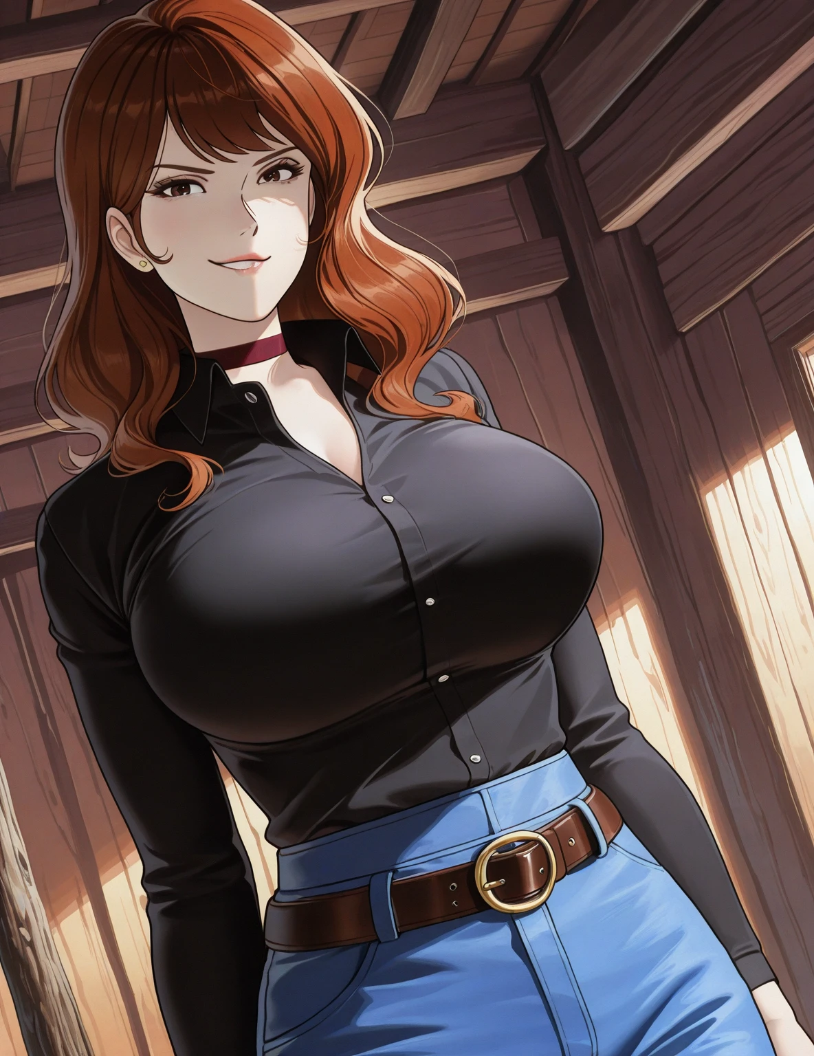 (white shirt), (brown short pants), office room background, night time, mei terumi, oda non style, anime cels style, smiling, long hair, brown hair, green eyes, ((hair over one eye)), (pink lipstick), best quality, high resolution, (cowboy shot, 1 girl, 30yo,Young female,Beautiful Finger,Beautiful long legs,Beautiful body, Beautiful Nose,Beautiful character design, perfect eyes, perfect face,expressive eyes, perfect balance, looking at viewer,(Focus on her face), official art,extremely detailed CG unity 8k wallpaper, perfect lighting,Colorful, Bright_Front_face_Lighting,White skin, (masterpiece:1.0),(best_quality:1.0), ultra high res,4K,ultra-detailed, photography, 8K, HDR, highres, absurdres:1.2, Kodak portra 400, film grain, blurry background, bokeh:1.2, lens flare, (vibrant_color:1.2),professional photograph, (Beautiful,large_Breasts:1.4), (beautiful_face:1.5),(narrow_waist)