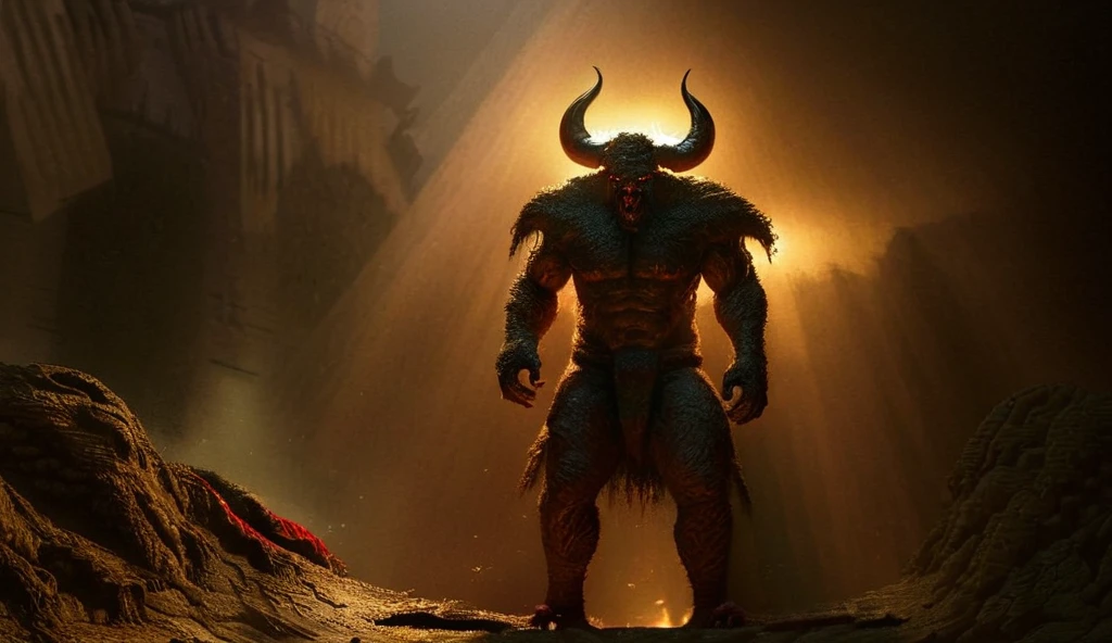 a goat headed demon with big horns, strong beefy upper body, demon skins, furs, ((claws, wings)), demonic armor, blood splatters, skulls on the floor, standing on a blood ritual , medieval, dark room, dim light,
masterpiece, realistic, oil painting