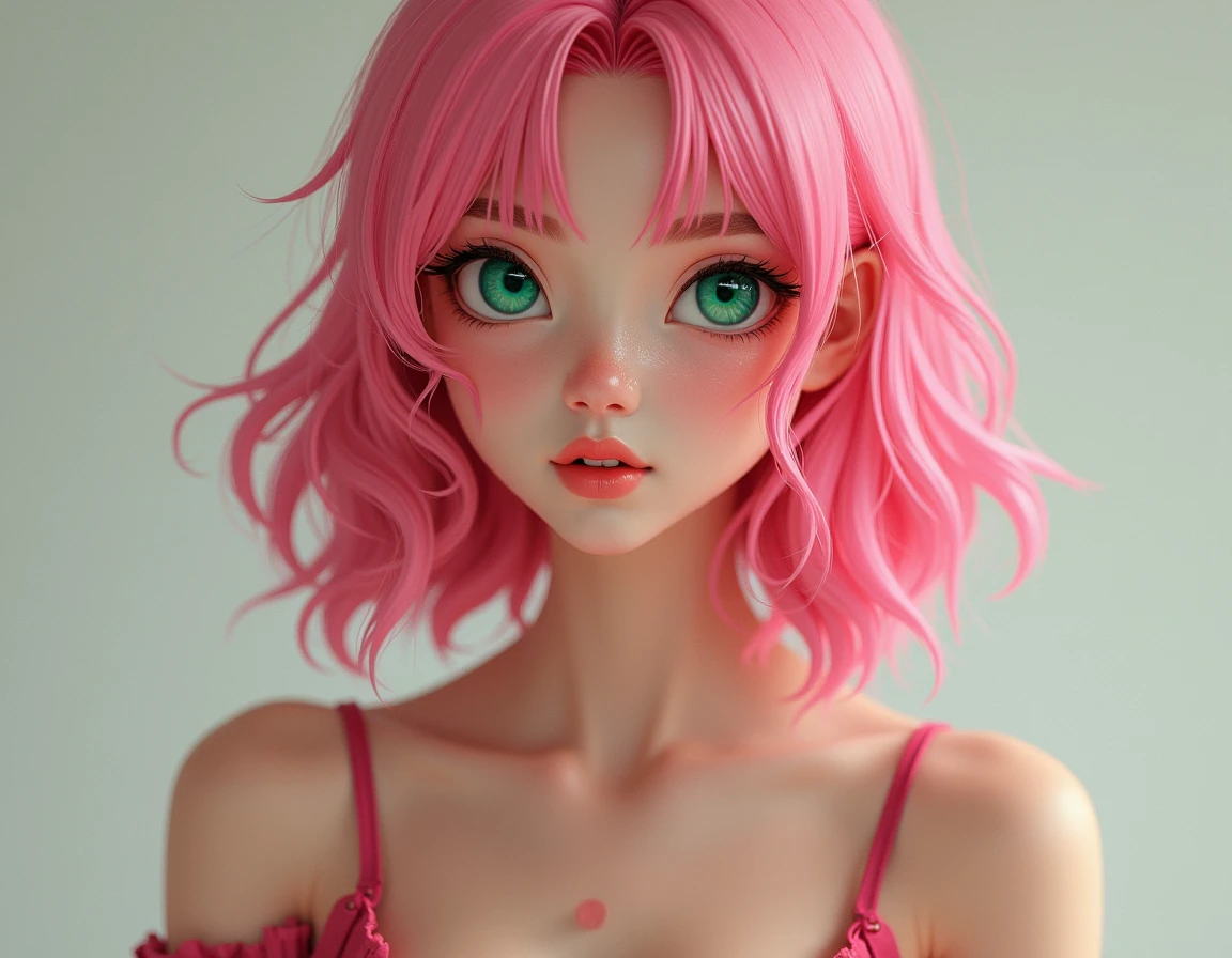 (((ultra realistic))) Photo, masterpiece, top quality, (pale skin), (Ultra detailed face and eyes:1.3) young woman, short shoulder-length pink hair, wide forehead, porcelain skin, pink eyebrows, big emerald green eyes, buttoned nose, full lips, heart-shaped face, slender body, small round breasts, red bikini top, Sakura Haruno , realistic, realism, details, 3d, well detailed