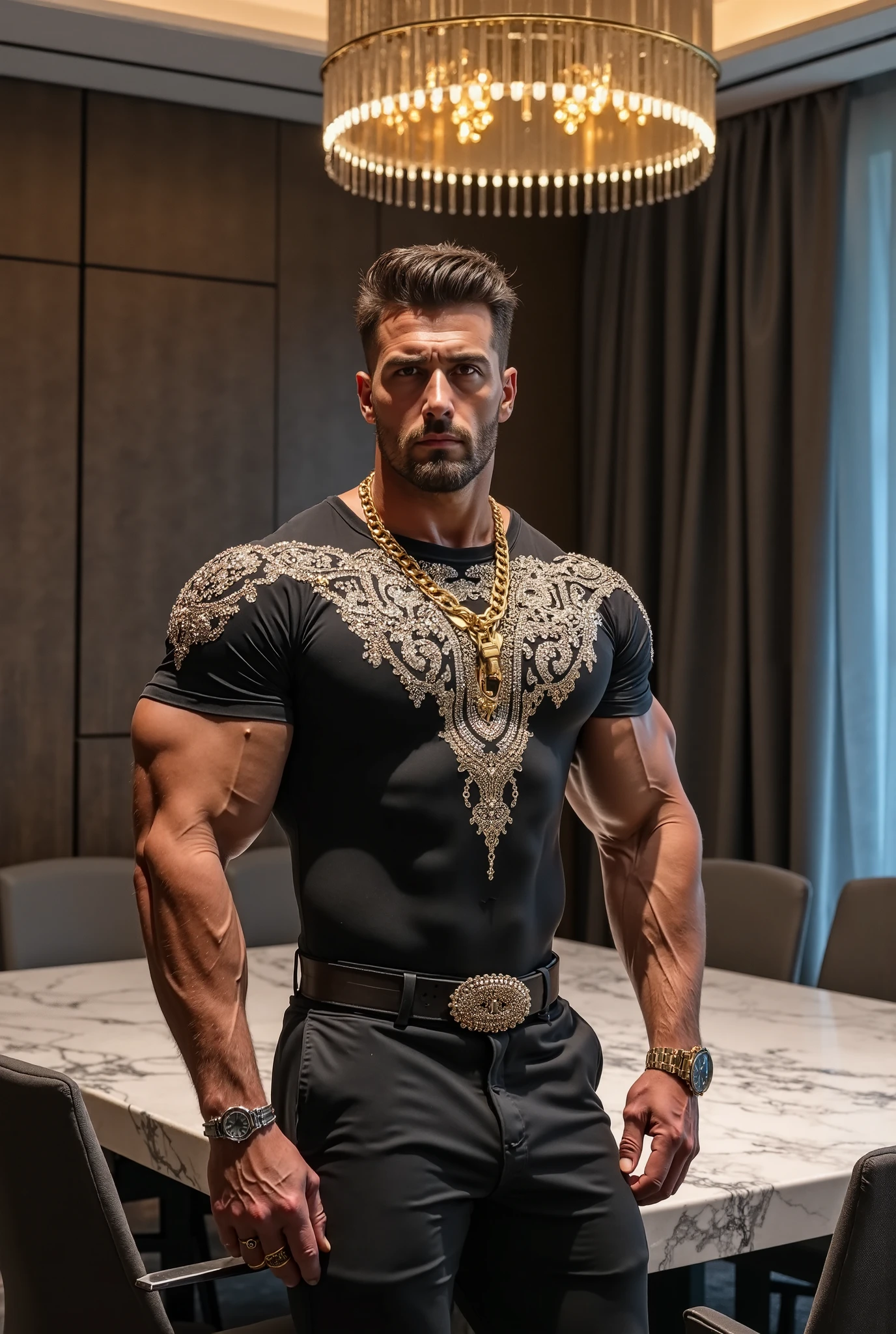 (masterpiece, intricately detailed, highest resolution, best quality:1.2), (doujin), a cocky Joe Manganiello, a 24 y.o muscle stud with a muscular physique sitting on a chair with black eyes,dark-skinned male, wearing a ((open jacket, chav, armbands)), ((excessive cum)) ((cum on body)) (cum drip), flaccid penis,saggy balls,hairy chest,vascular,muscle striations,soft light,fantastic realism,