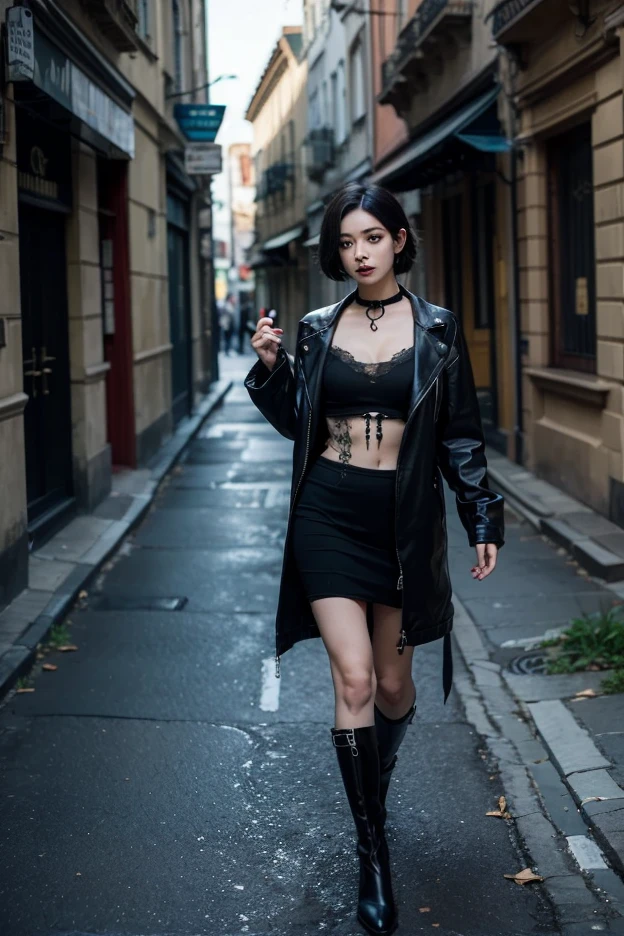 Beautiful shoulders、Idol of red and black gothic punk fashion、large full breasts、beautiful foot、Black Long Hair、Sleeveless、a miniskirt、Good Style、、Decoration of roses、nighttime scene、Black lace、Red tops、Black leather jacket