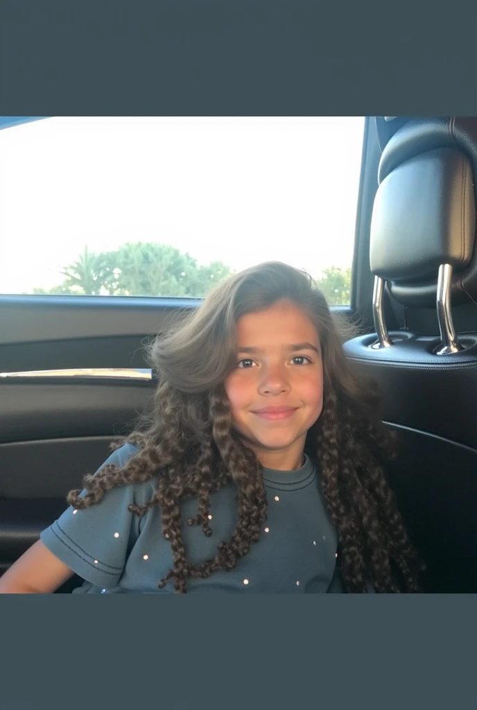 menina de cabelos castanhos cacheados indo pra escola com seu uniforme azul marinho e verde agua,