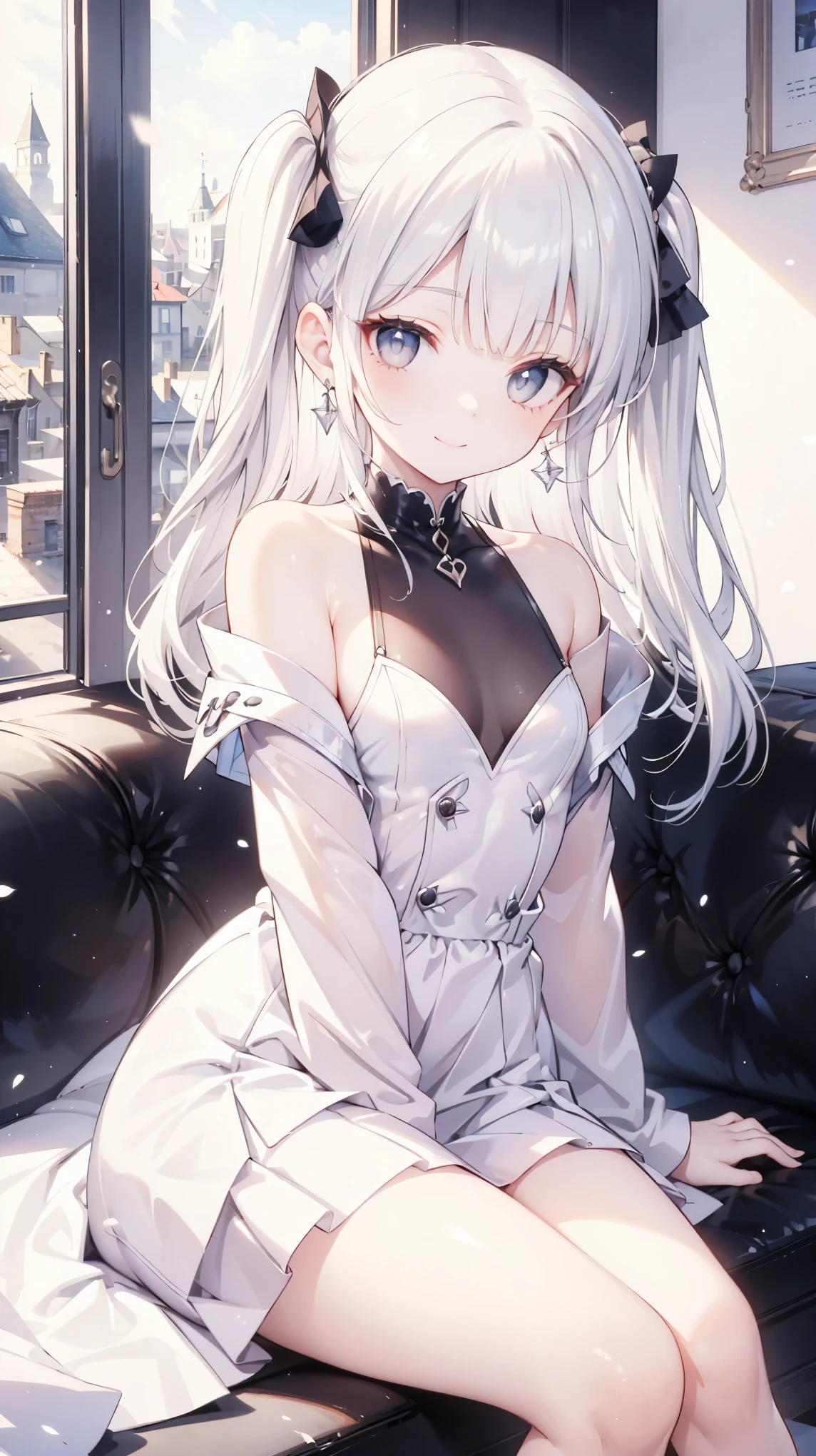 とてもShort Hair, Long bangs between the eyes, Very detailed,(masterpiece、Highest quality)、alone、Gray Hair、Fantasy, Silver Hair, Fantasyな風景、smile、Open your mouth、short hair、Short Hair、hairpin、black eye、Grey Eyes、Beautiful Eyes、Black Shirt、White hoodie