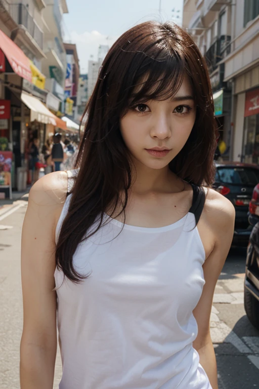 Generate the image of a Korean girl in her twenties with straight hair with colored streaks down to her shoulder, slender and with a beautiful smile