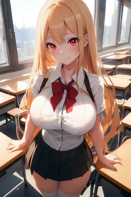 masterpiece、Highest quality、Best image quality、High resolution、Big Breasts、、School-Uniform、Red tie、Summer clothes、Blonde、Yellow Eyes、Long Hair、In the classroom、calm、